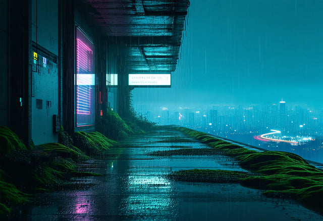 A futuristic cityscape at night, viewed from a rain-soaked rooftop walkway illuminated by neon pink and blue lights, with moss-covered edges and a glowing urban skyline in the distance.