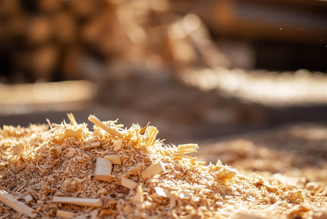 Pile of fresh wood shavings on the ground in a sunlit lumber yard, with stacks of logs blurred in the background.