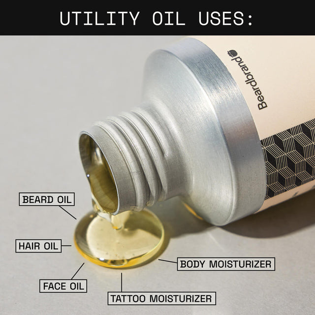 Infographic outlining uses of Utility Oil. Depicts an open aluminum bottle on its side with oil dripping out, labeled counterclockwise for various uses such as beard oil, hair oil, face oil, tattoo moisturizer, and body moisturizer.