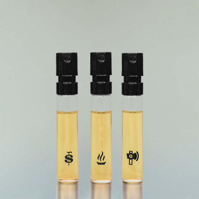 Three vials of Beardbrand Fragrance Samples—Old Money, Temple Smoke and Tree Ranger.