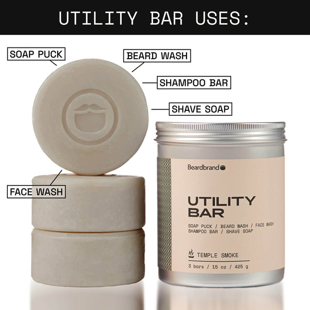 Infographic displaying various uses of a Utility Bar. Shows a stack of three soap bars labeled clockwise from the left as soap puck, beard wash, shampoo bar, shave soap, and face wash. Adjacent is an aluminum container labeled ‘Temple Smoke Utility Bar’.