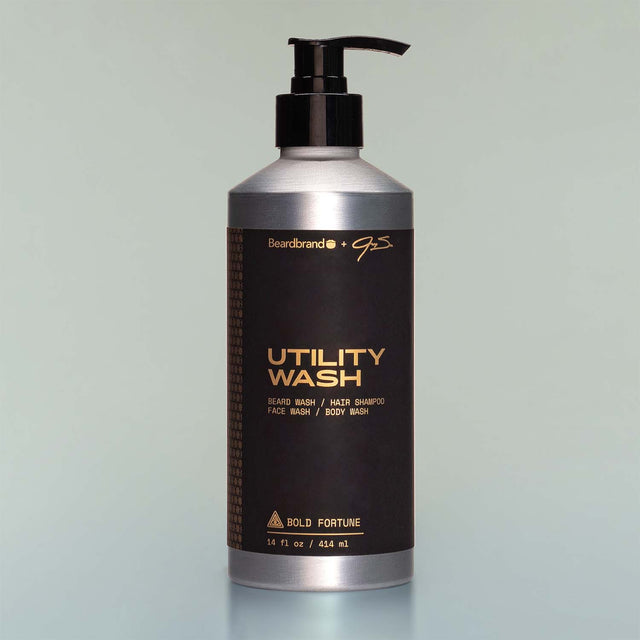 A bottle of Bold Fortune Utility Wash with a pump dispenser against a grey background.